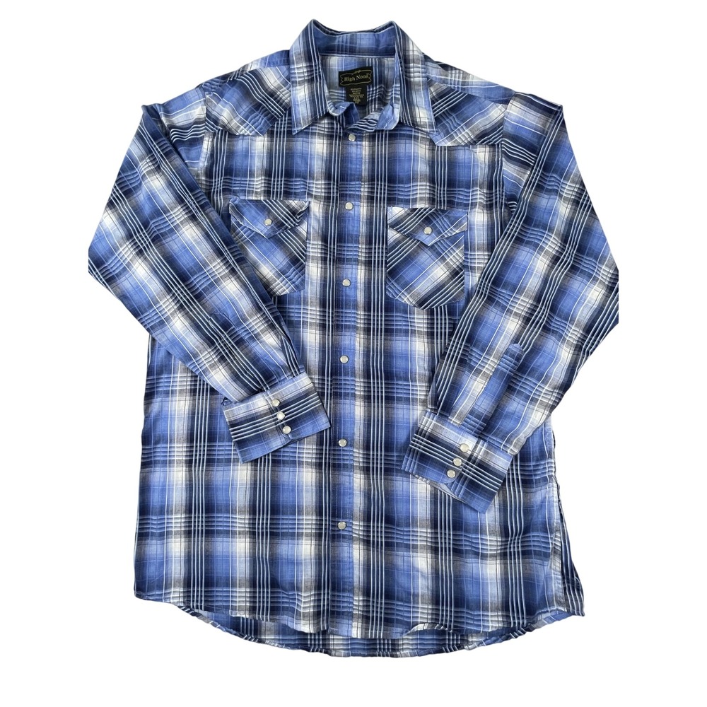 High‎ Noon Western Shirt Mens L Tall Blue Plaid Pearl Snap Long Sleeve Cowboy